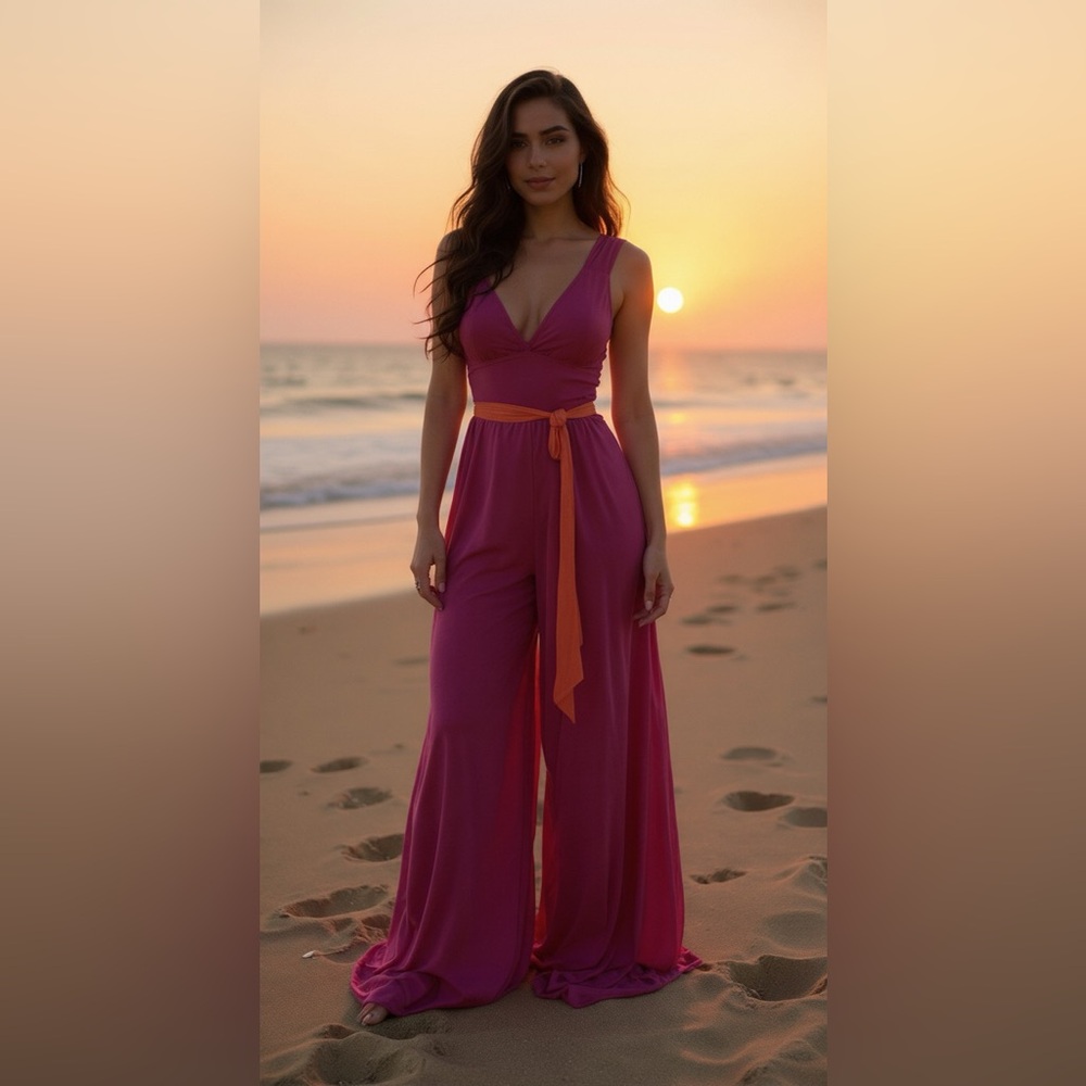 Free People Sleeveless Magenta Wide-Leg Jumpsuit with Contrast Tie Medium